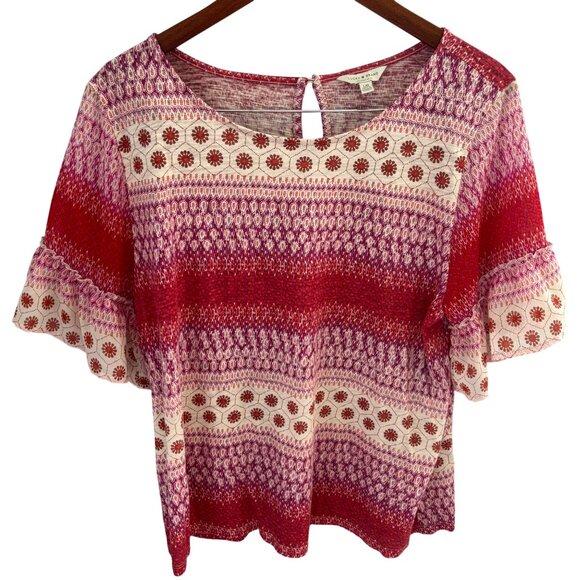 Lucky Brand Women's Top Size Large Red Multicolored Pattern Ruffled Sleeves - Picture 1 of 8